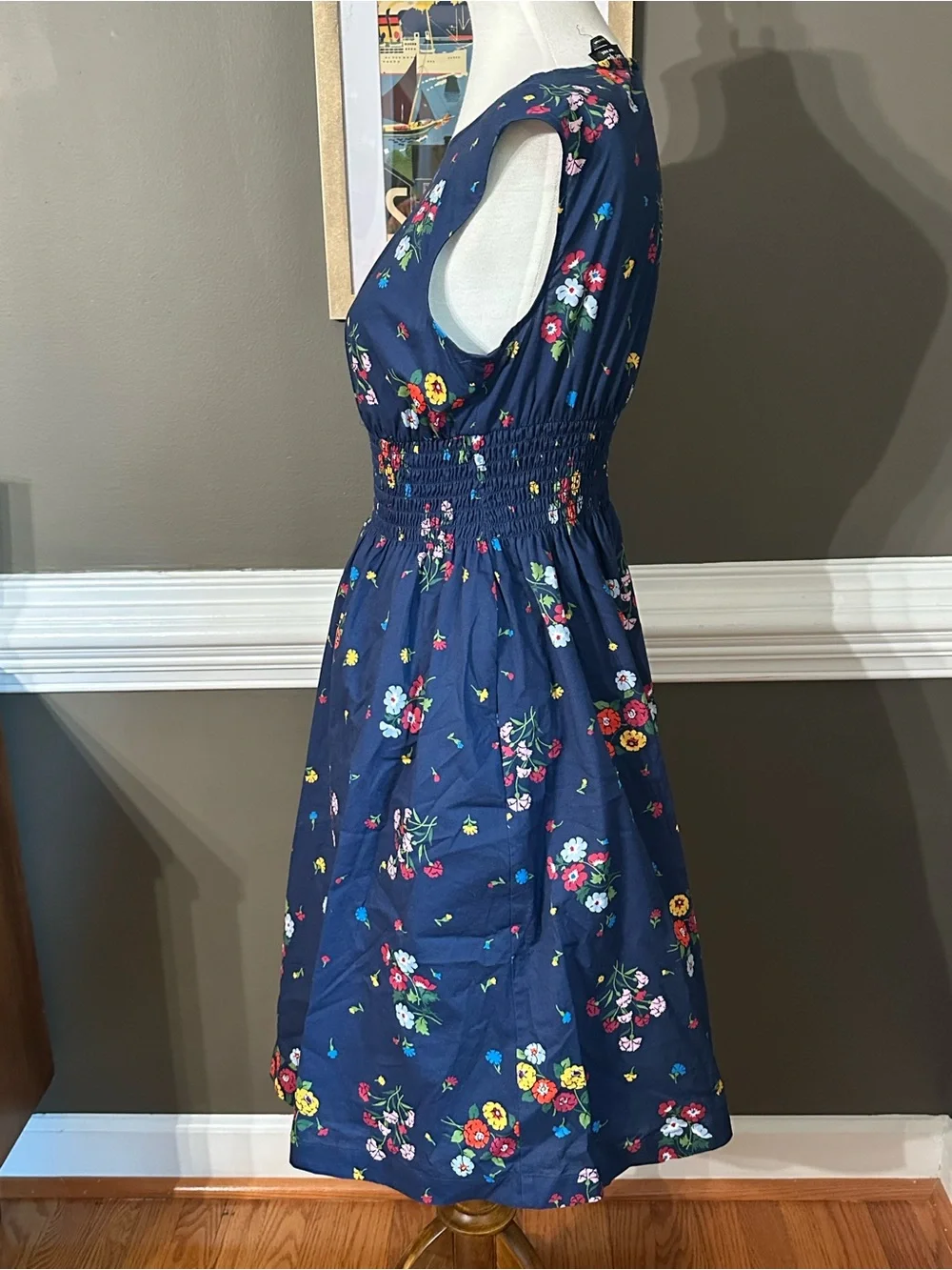 Kate Spade NY Navy Floral Smocked-Waist Sundress. Size S